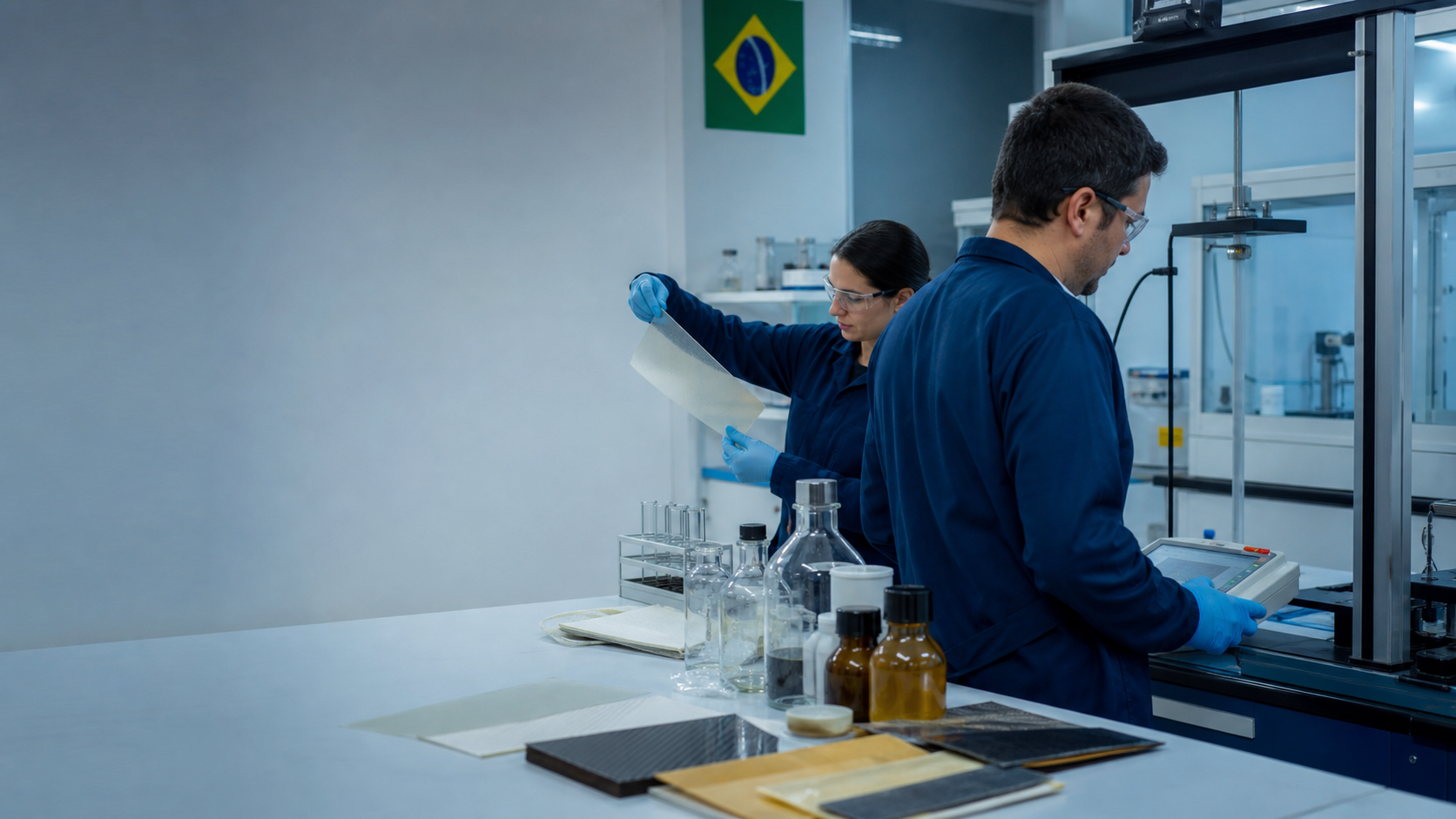 Pesquisadores avaliando materiais em laboratório de química industrial