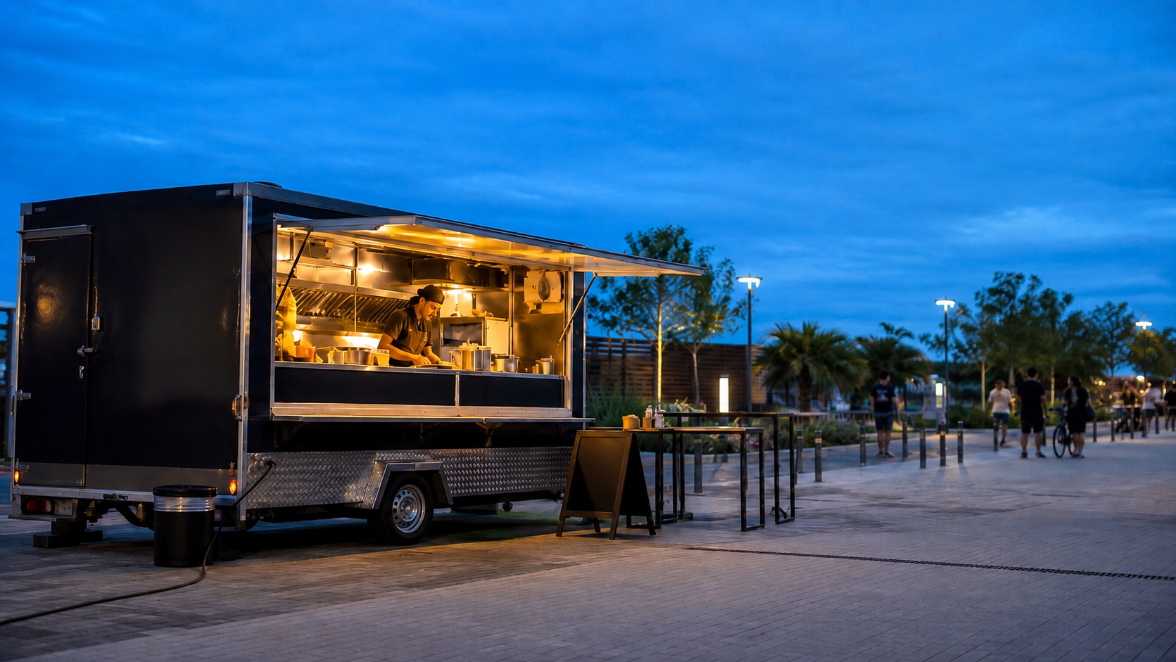 Food truck contemporâneo operando em espaço urbano ao anoitecer